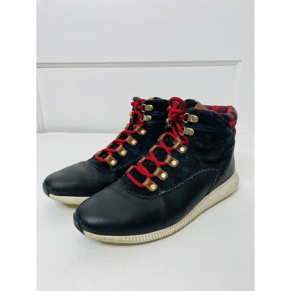 Cole Haan Zerogrand Hiker Boots 7B w09540 Waterproof Flannel Black Red Mid Top - Picture 1 of 10